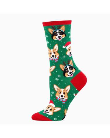 Damen-Socken Happy Paw-Days mit Corgis in Weihnachtsmütze von SockSmith