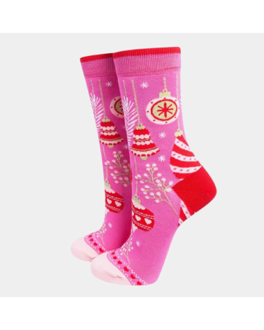Damen-Bambussocken Hot Pink Christmas mit Christbaumkugeln von Sock Talk